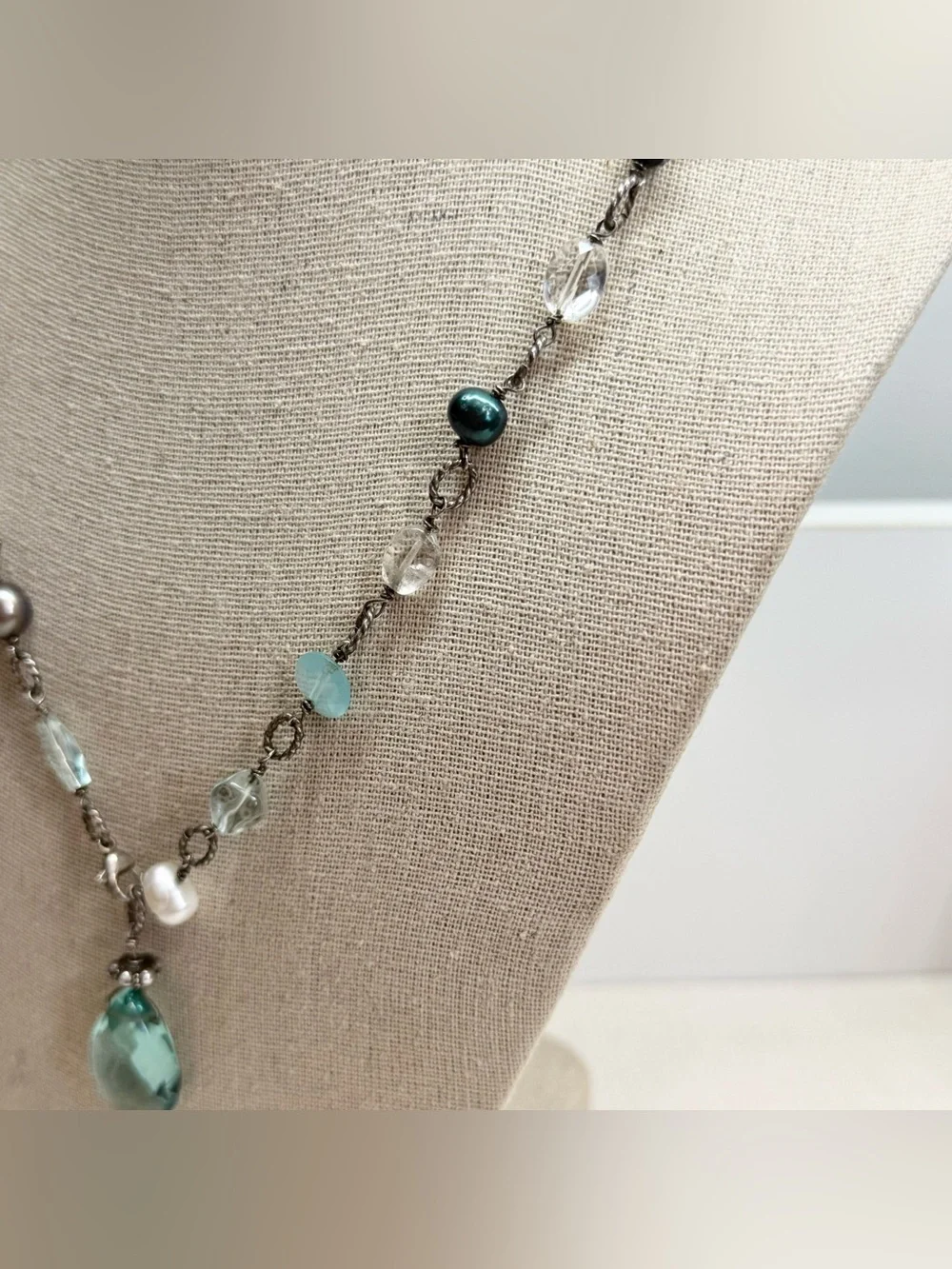 Sterling silver, glass, quartz, genuine pearl front clasp necklace